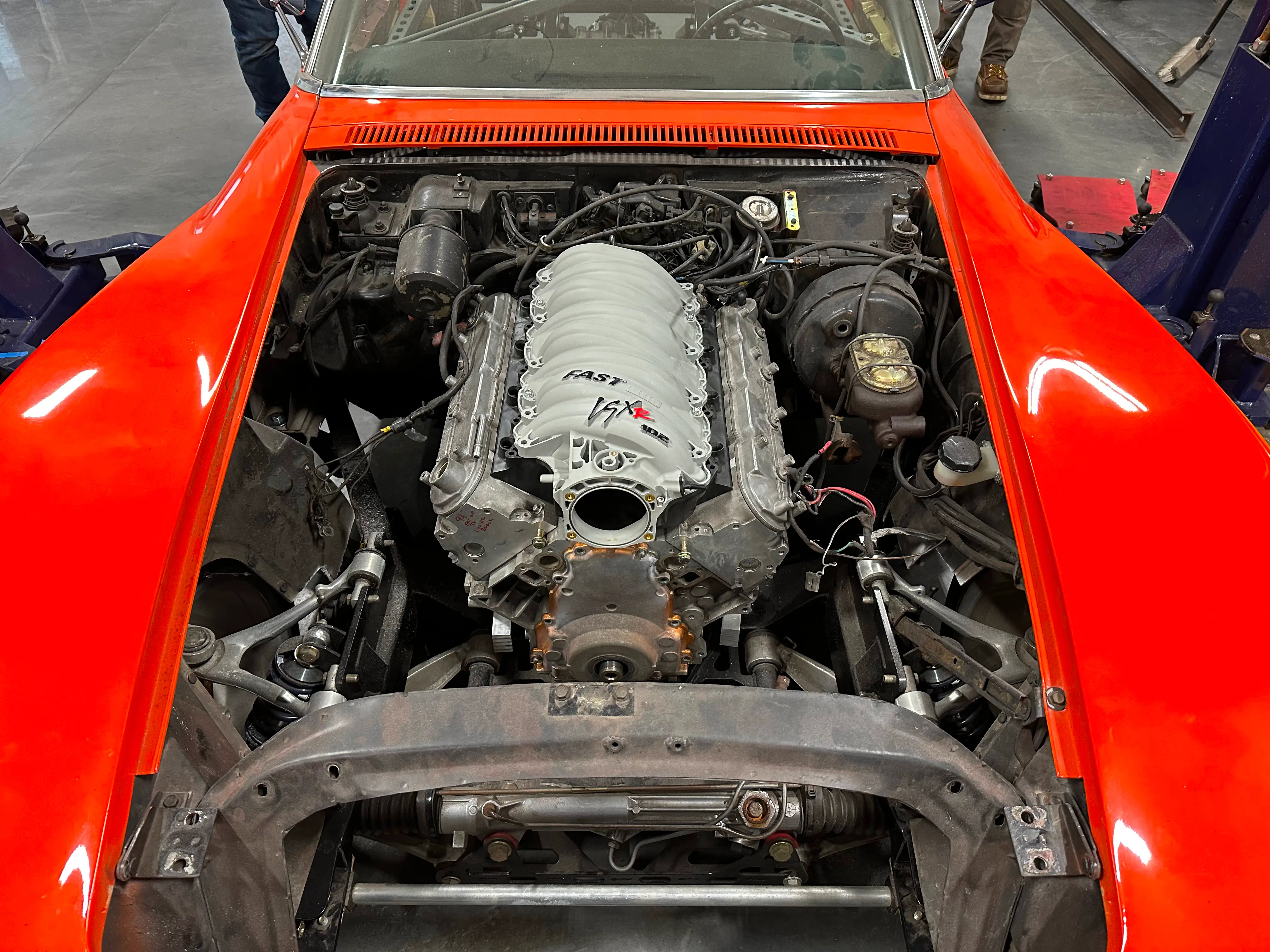 The engine in its approximate place with its intake